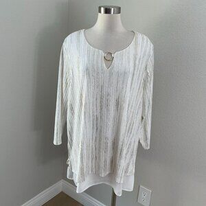JM Collection Womens Plus 3X White Gold Metallic Tunic Top Keyhole Neck Shirt